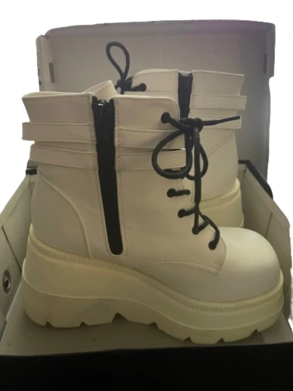 Demonia White Platform Combat Boots with Black Laces